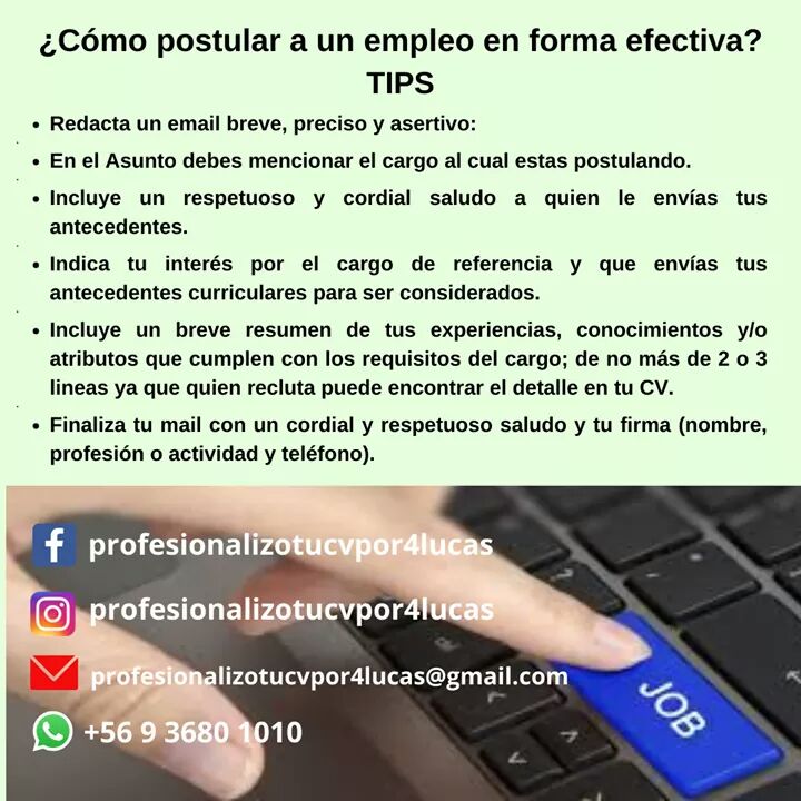 protucv's tweet image. Hola! Comparto tips para postular a ofertas de trabajo en forma efectiva

Si lo vas a intentar, inténtalo con todo
Yo te ayudo!

Como experta en Reclutamiento y Selección, ofrezco servicios de potenciar y profesionalizar Currículums por un valor de $4000 pesos
Fono: +56936801010