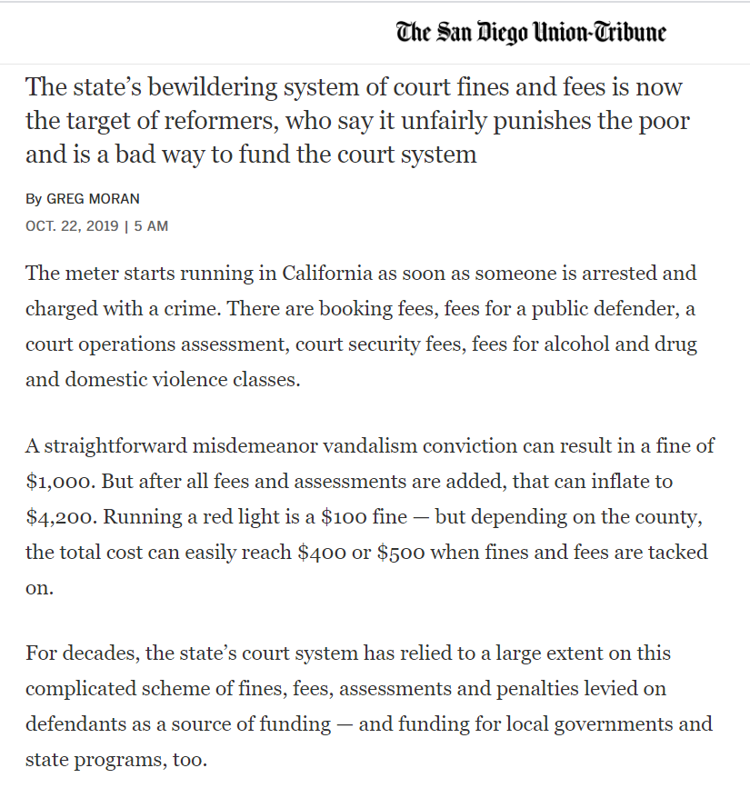 PROBLEM  COURT: SENTENCING Reliance on criminal fines & fees by courts as revenue source creates conflict of interest and overburdens the poor. Reduce or eliminate criminal justice fines and fees.See https://finesandfeesjusticecenter.org/articles/municipal-fines-and-fees-a-50-state-survey-of-state-laws/ and see  https://finesandfeesjusticecenter.org/campaigns/counties-and-cities-for-fine-and-fee-justice/