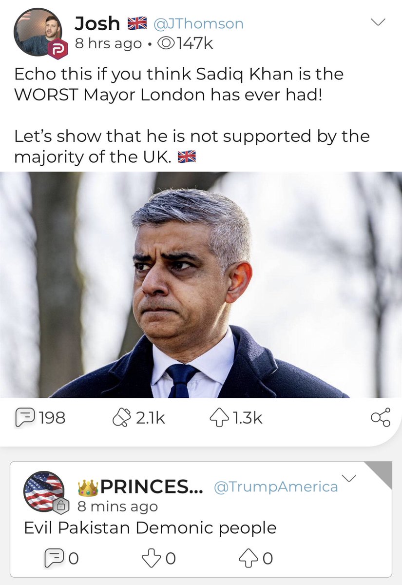 I wonder what Parler has to say about Sadiq Khan? Yeah, as expected: disgusting racist stuff. I’m detecting a trend...