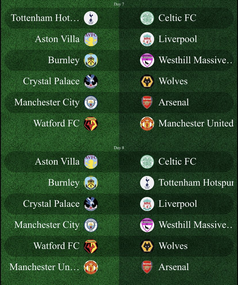 MATCHWEEK 2 FIXTURES 📊

With Cup Games at 10:30pm on Monday Night, here are the 9:30pm &amp; 10pm Fixtures for Tomorrow Night🔥

Some games to Look Out For:

Aston Villa 🆚 Liverpool
Watford 🆚 Manchester United 
Crystal Palace 🆚 Liverpool
Manchester United 🆚 Arsenal 

#UPLFIFAS3