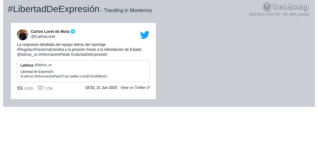#libertaddeexpresión es ahora una tendencia en #Monterrey

trendsmap.com/r/MX_MON_yywnyg