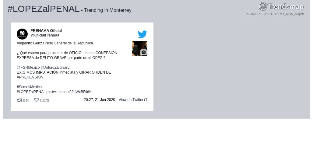 #lopezalpenal es ahora una tendencia en #Monterrey

trendsmap.com/r/MX_MON_pkqihb