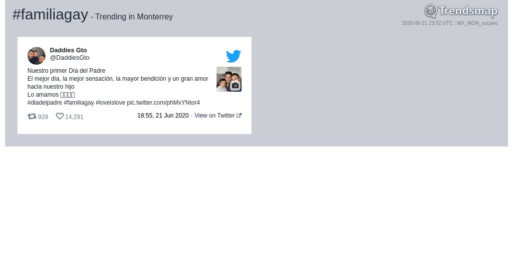 #familiagay es ahora una tendencia en #Monterrey

trendsmap.com/r/MX_MON_vzcpwc