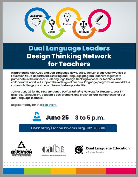 First National Dual Language Teachers-Design Thinking Network!​ <a href="/CABEBEBILINGUAL/">CABE</a> <a href="/DLeNM/">DLeNM</a> <a href="/SanDiegoCOE/">San Diego County Office of Education</a> 
launch this wonderful opportunity bringing teachers together to extend their professional network, collaborate, reflect &amp; ideate. 6/25, 3-5pm sdcoe.k12oms.org/eventdetail.ph… <a href="/DLELnetwork/">DualLangNetwork</a>