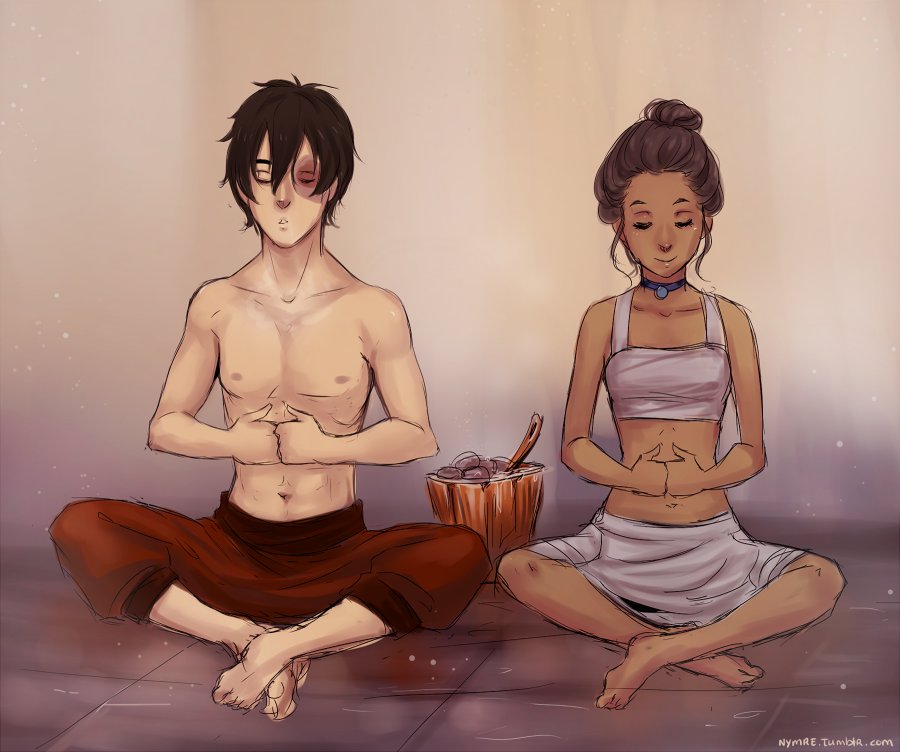 He's just practicing meditation with Katara. Something he's not great at but he needs to be calmer when upset.

Steam helps with meditating too.