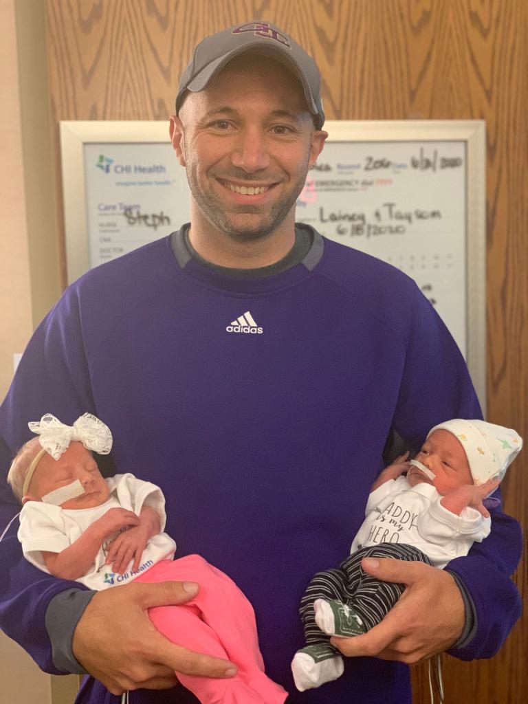 CHIhealth's tweet photo. Happy Father’s Day to some very special #dads in our #maternitycenter and #NICU at CHI Health St. Francis! The #babies couldn't be any cuter in their CHI Health Father's Day onesies! #fathersday2020 #dadsday #firsttimedads https://t.co/aki1ITnXmI
