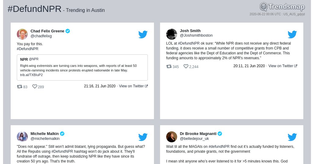 #defundnpr is now trending in #Austin

trendsmap.com/r/US_AUS_gdjrjd