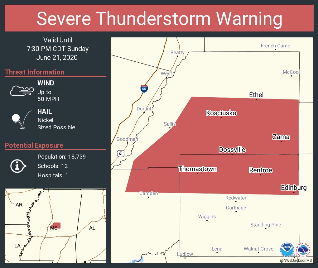 Severe Thunderstorm Warning continues for Kosciusko MS, Ethel MS
