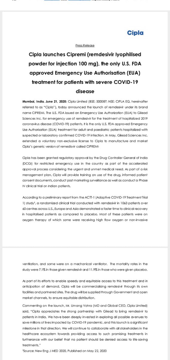 avijyoti's tweet photo. The only US FDA approved EUA treatment for patients with severe COVID-19 disease.
#mypridemyCipla #Cipla #CiplaRocks https://t.co/zV4XnT34x3