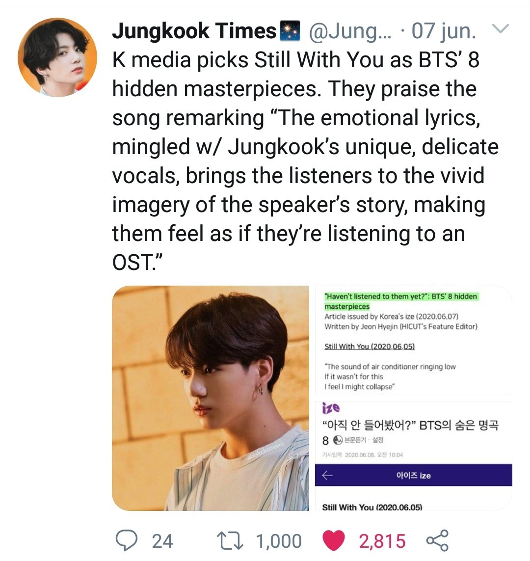 Once again Jungkook's vocals standing out and receiving amazing praise of some professionals like music critics and K-pop colummnists on different BTS' albums and solo songs. This is really not a coicidence!