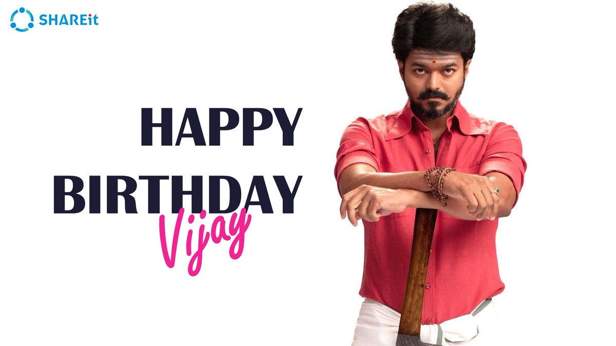 SHAREit_India's tweet photo. Join us in wishing the Thalapathy of Indian Cinema @actorvijay  a Very Happy Birthday
.
Team #SHAREit wishes all the luck to his next mass entertainer #Master...
.
#HappyBirthdayThalapathyVijay #HBDTHALPATHYVijay Thalaivaa https://t.co/aKMpeQfHYz