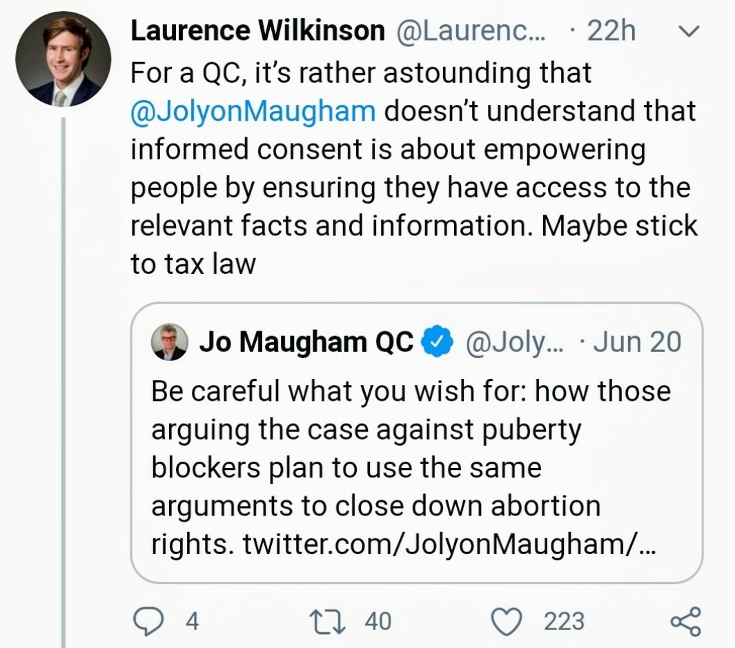 Following my threads about Paul Conrathe and what success in the challenge against the Tavistock means for the availability of abortion rights for women in the UK, someone called Laurence Wilkinson decided to get involved in Paul's defence.