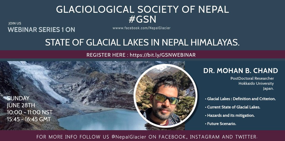 NepalGlacier's tweet photo. Please join us in our a first webinar on "State of #glaciallakes in #NepalHimalayas " on 28 June, Sunday, 10:00-11:00 Nepal standard time. https://t.co/5TScspIVTO