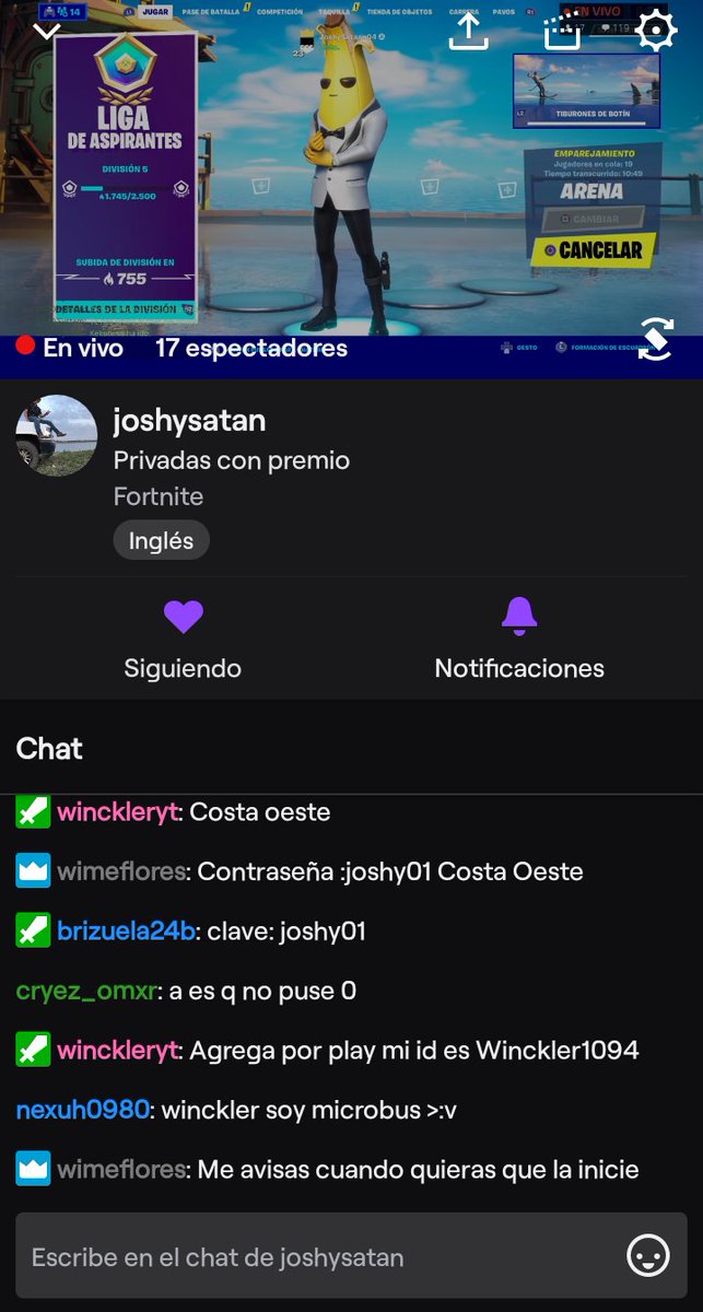 GeniusGamingfn's tweet photo. Pasen al directo de nuestro creador de contenido @joshysatan esta haciendo un mini torneo por una skin de 800 pavos 🔵 https://t.co/j7hVJIAp19