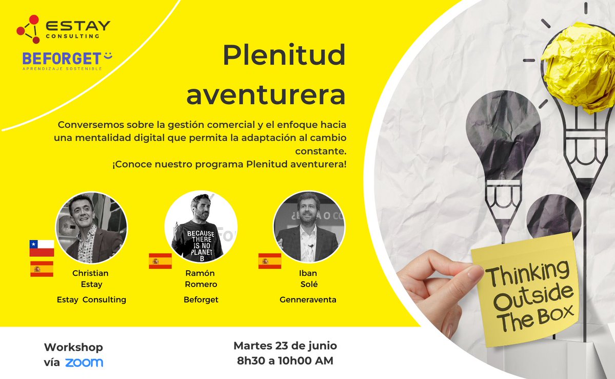 Venta innovadora o venta de innovaciones
¿Cuál es tu reto? ¿Qué busca tu empresa?
Workshop "Plenitud aventurera"
Martes 23 de junio, 8:30 hr de #Ecuador.    
Inscríbete: zoom.us/meeting/regist…
Con presencia de Ramón Romero de @beforget e <a href="/IbanSole/">Iban Solé</a>  de Genera Venta. #España