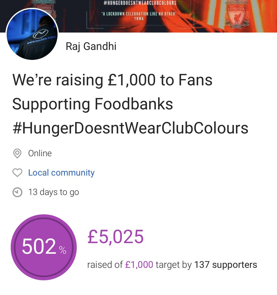 ** UPDATE **

Today, 5 points away from Number 19’ ... the ‘search for the holy grail’ continues !!

Proud to announce we passed £5k this weekend ... YNWA !!

Keep going REDS !!

justgiving.com/crowdfunding/l…

<a href="/SFoodbanks/">FANS SUPPORTING FOODBANKS #RightToFood</a> <a href="/LFC/">Liverpool FC</a> <a href="/DjRajNuchna/">Raj Gandhi</a> <a href="/PeterMooreLFC/">Peter</a> @kieranmolyneux <a href="/LFCRedIndians/">LFC Red Indians</a>