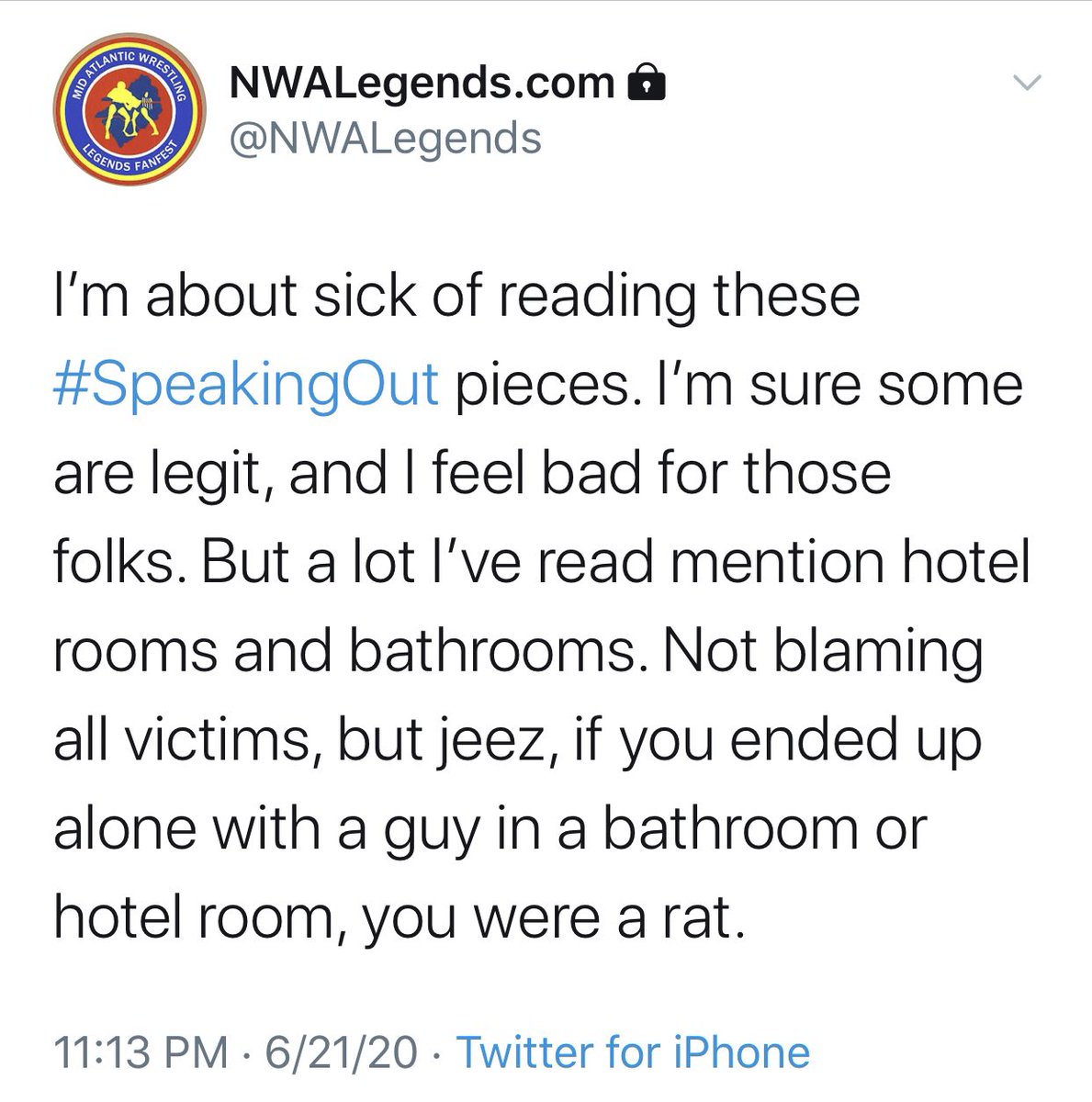 TheAllysinKay's tweet photo. Imagine this being your hot take. And as a PROMOTER. “Get raped in public like a normal person.”

@NWALegends https://t.co/Va7REiCh1J