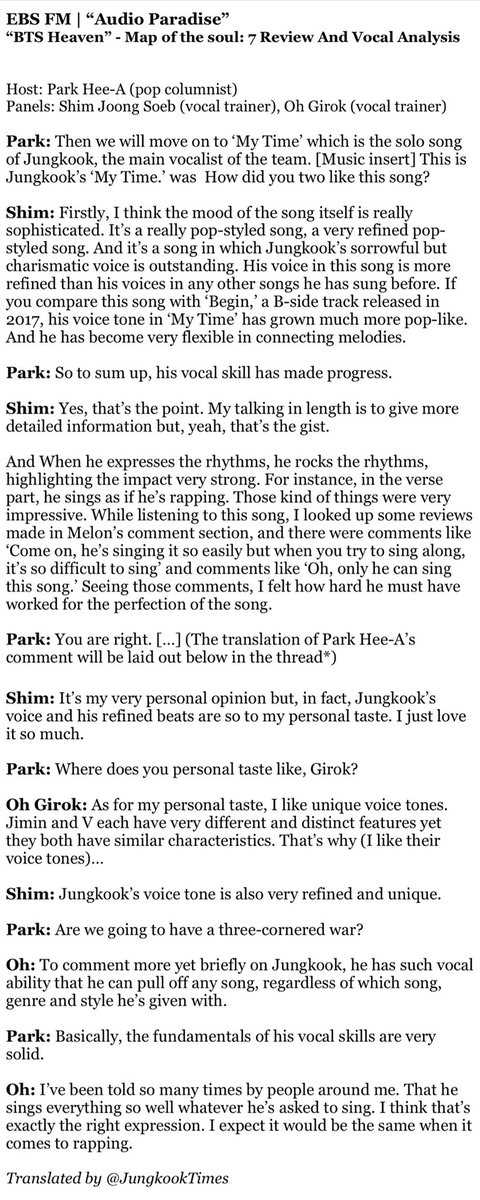 At EBS FM's a vocal trainer lavished praise on Jungkook’s vocals in ‘My Time.’ The 3 reviewers agreed & 1 said "I've been told so many times by ppl around me that he sings everything so well whatever he's asked to sing" You can see music industry is well aware of JK's key points