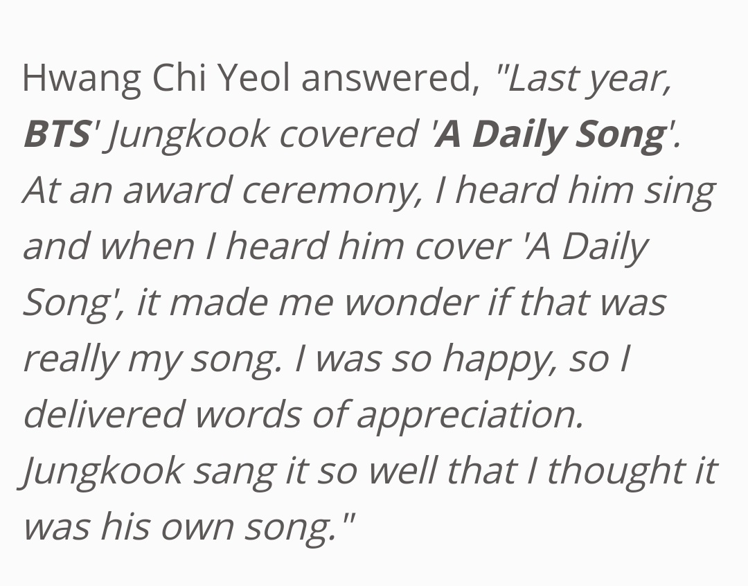 Back to when Jungkook sang 'A daily song'. During an interview Hwang Chi Yeol said about it "Jungkook sang it so well that I thought it was his own song". This is so true, Jungkook express the emotion of every cover he does as if he was the original singer.