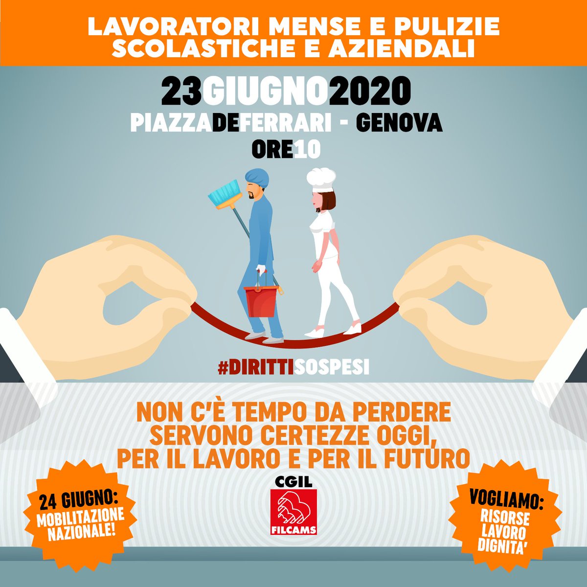 FilcamsGenova's tweet photo. 📣Manifestazione nazionale! A Genova, gli addetti #mensa e #pulizia scolastiche e aziendali, manifesteranno martedì 23 giugno in piazza De Ferrari alle 10.

Non c’è tempo da perdere! Servono certezze oggi, per il lavoro e per il futuro
Leggi QUI: https://t.co/lQxR5eRNtf https://t.co/Qd0cOpT2Jw