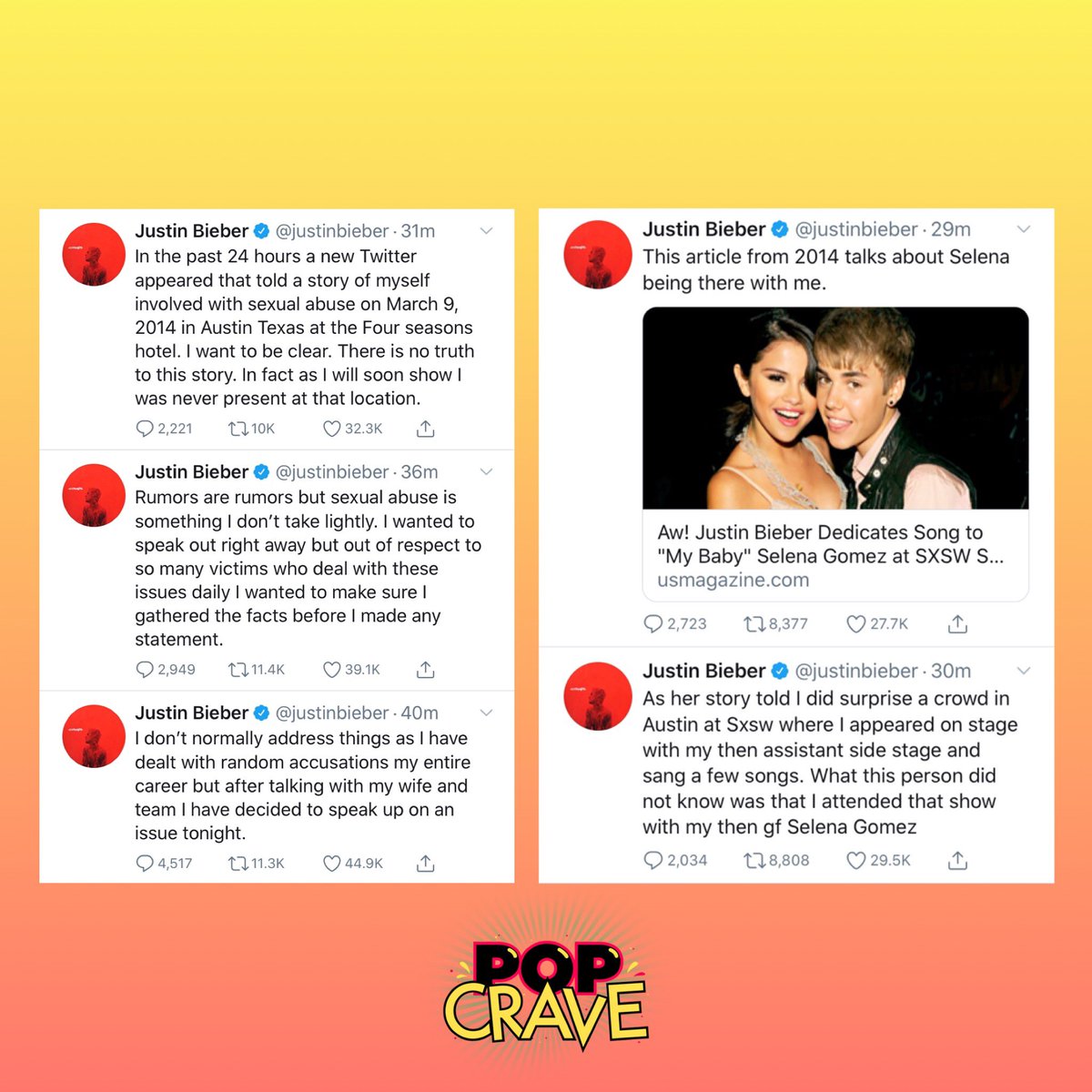 PopCrave's tweet photo. .@JustinBieber shuts down sexual assault allegations with evidence, assures he is seeking legal action:

“Every claim of sexual abuse should be taken very seriously...However this story is factually impossible..I will be working with twitter and authorities to take legal action.” https://t.co/VyF8ytzm3k