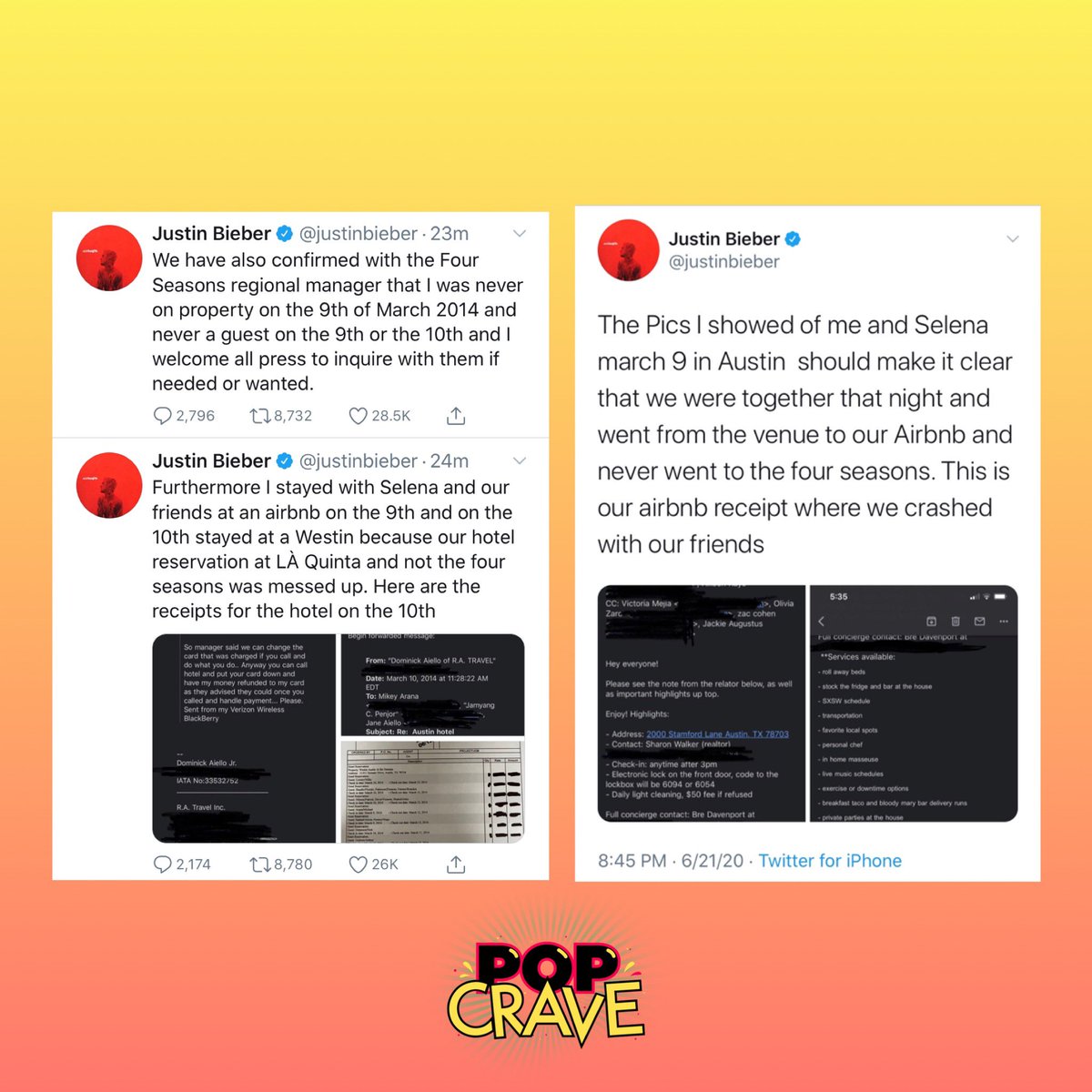 PopCrave's tweet photo. .@JustinBieber shuts down sexual assault allegations with evidence, assures he is seeking legal action:

“Every claim of sexual abuse should be taken very seriously...However this story is factually impossible..I will be working with twitter and authorities to take legal action.” https://t.co/VyF8ytzm3k