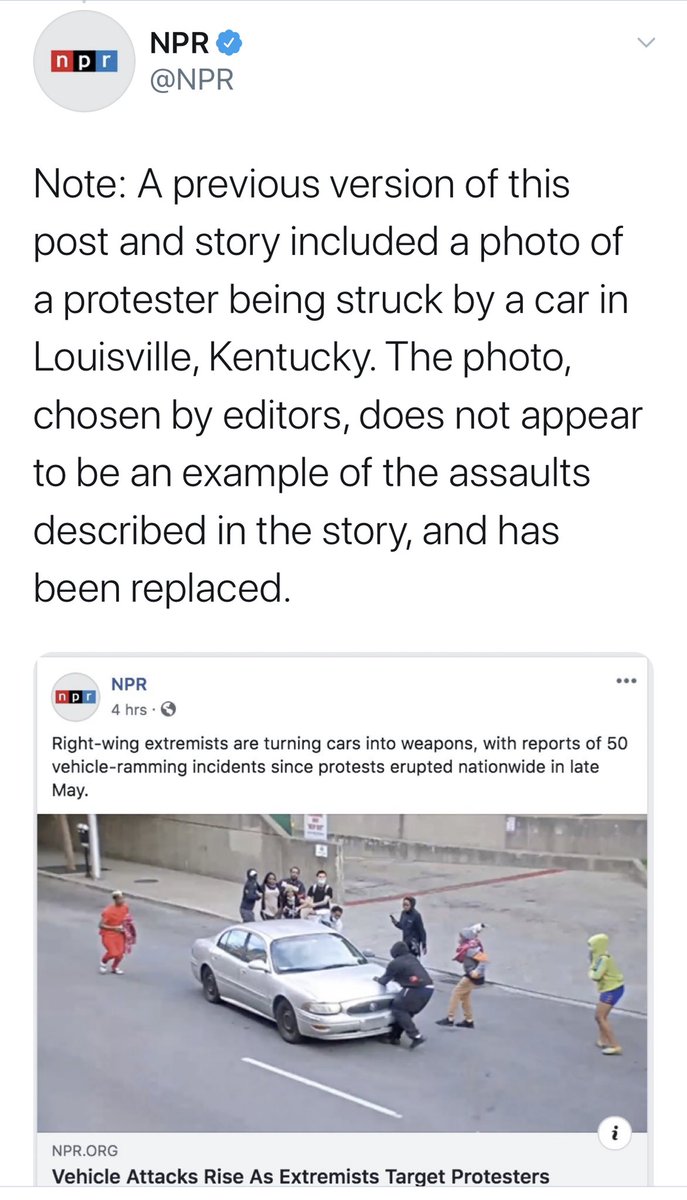 Under pressure,  @WLKY released the full video. Next,  @NPR comes along and declares that the protester who was struck by the car was a victim of a “far left” terrorist attack. Caught in their lie, NPR had to “correct” the story.