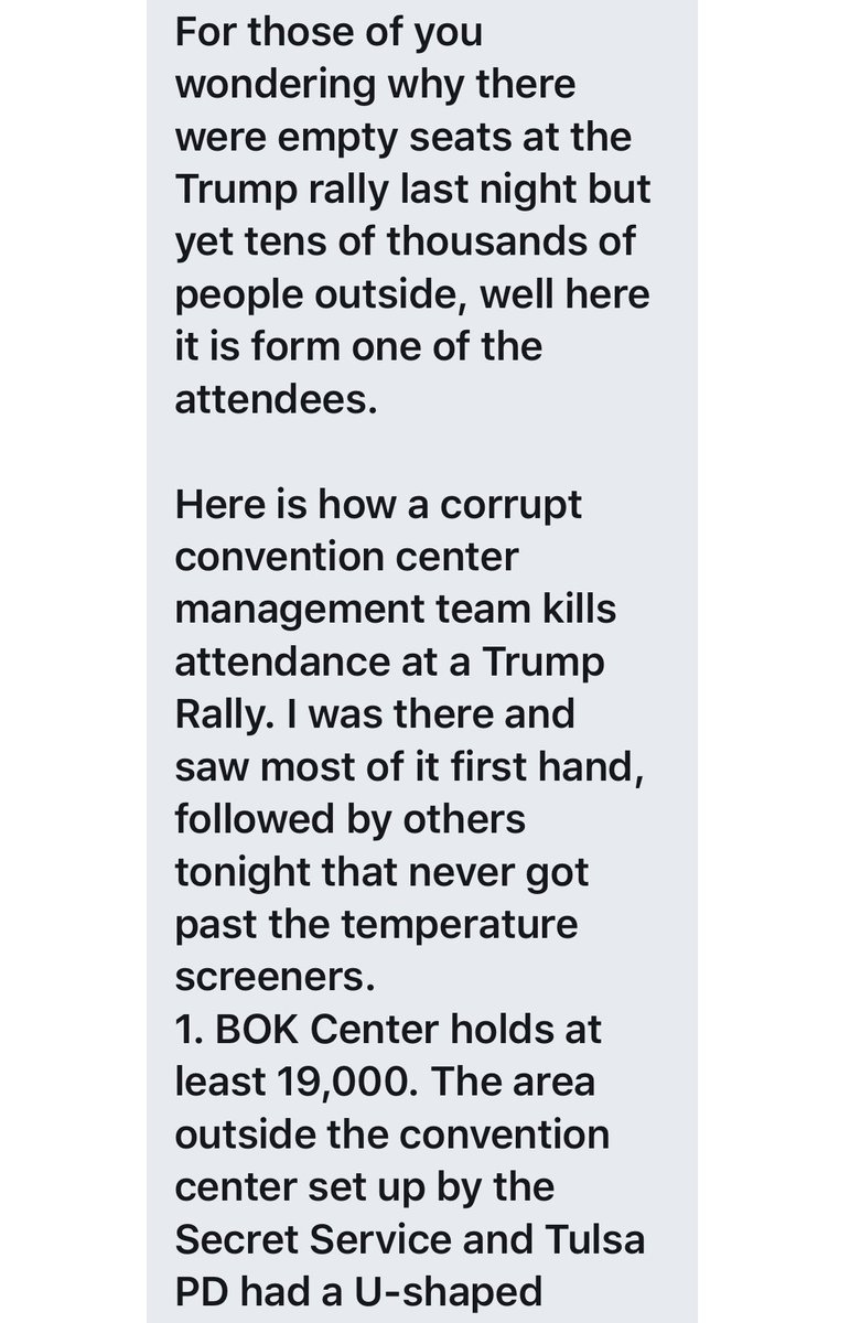 So I hear the OK rally temperature-takers... (the screeners) took off 2 hours before the rally started, effectively keeping thousands out. Here is a copy & paste firsthand account, decide for yourself it sounds plausible. It does to me.  Thread: