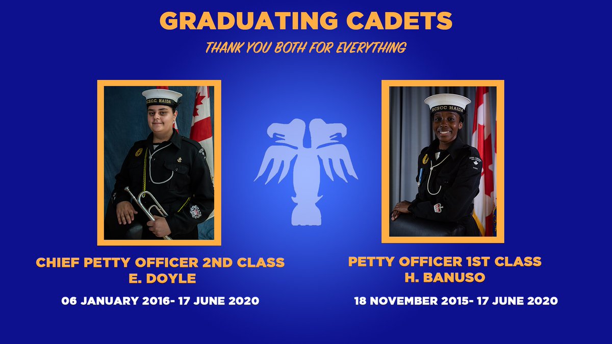 Our next two graduating cadets are CPO2 E. Doyle and PO1 H. Banuso! On behalf of the entire ship's company, we'd like to thank you both for all of your hard work you put into the corps. Both of you gave to Haida's teams and were excellent instructors. We will miss you!