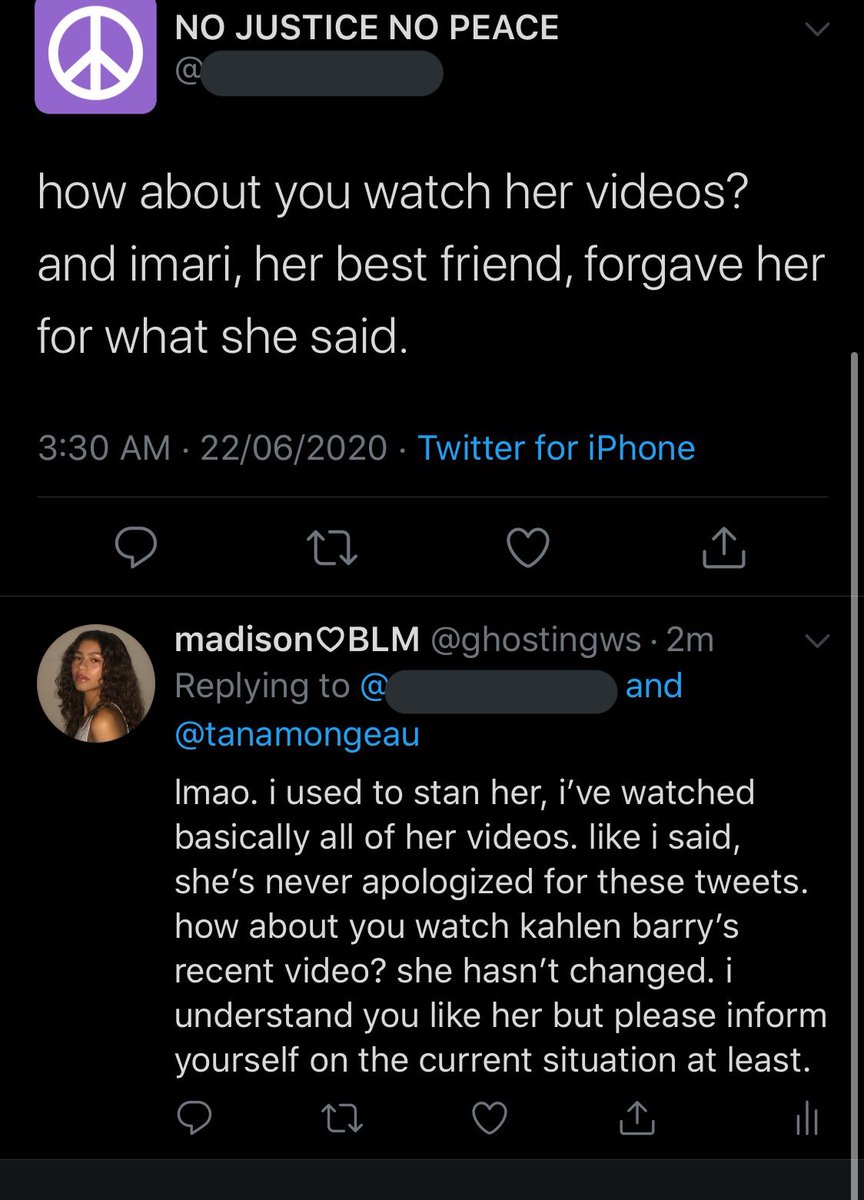just gonna add this here because i’ve gotten a lot of similar replies. not asking y’all to cancel her, you can have your own opinions, i just want people to be aware of what’s going on as she deleted these tweets a few hours ago and i personally don’t want her getting away w it