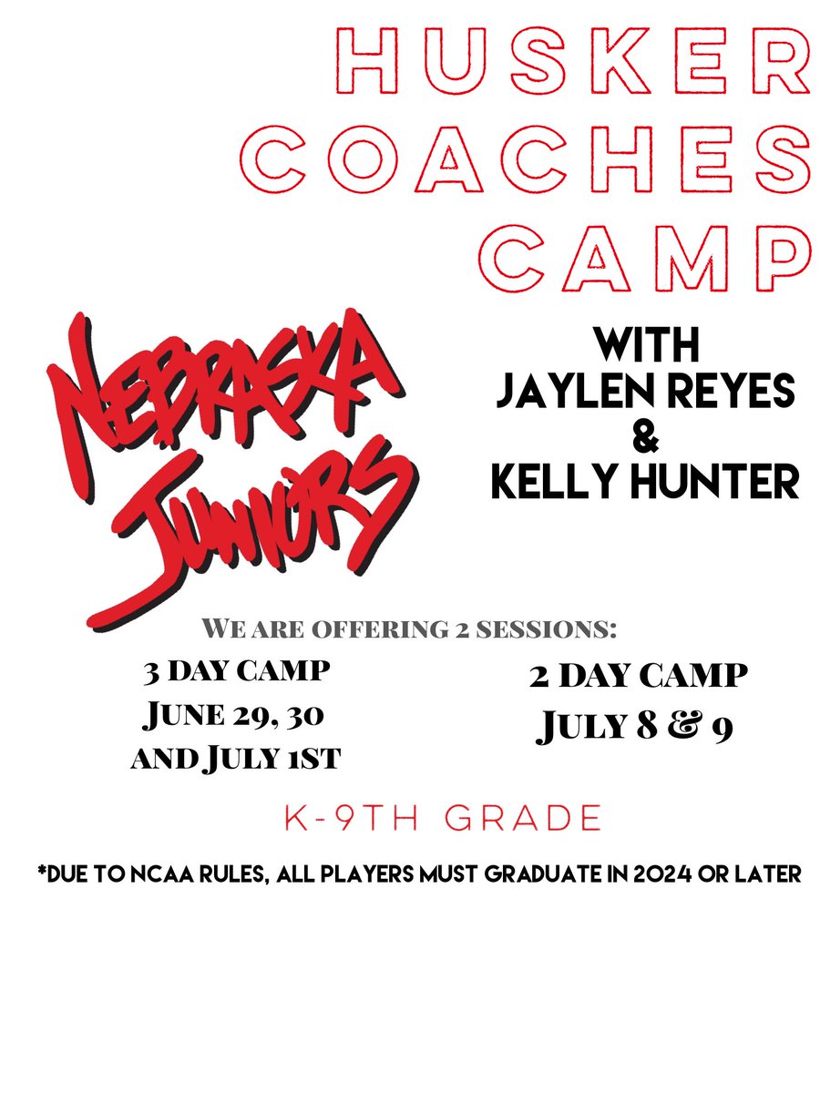 NEBJRSVB1's tweet photo. Join us at Speedway for camp with Husker Coaches @Jaylen_Reyes2 &amp; @KellyHunter03 (also NJ Alum)
More info and registration link here: https://t.co/mdTjPvUBIN https://t.co/wJHdHdDP5Q
