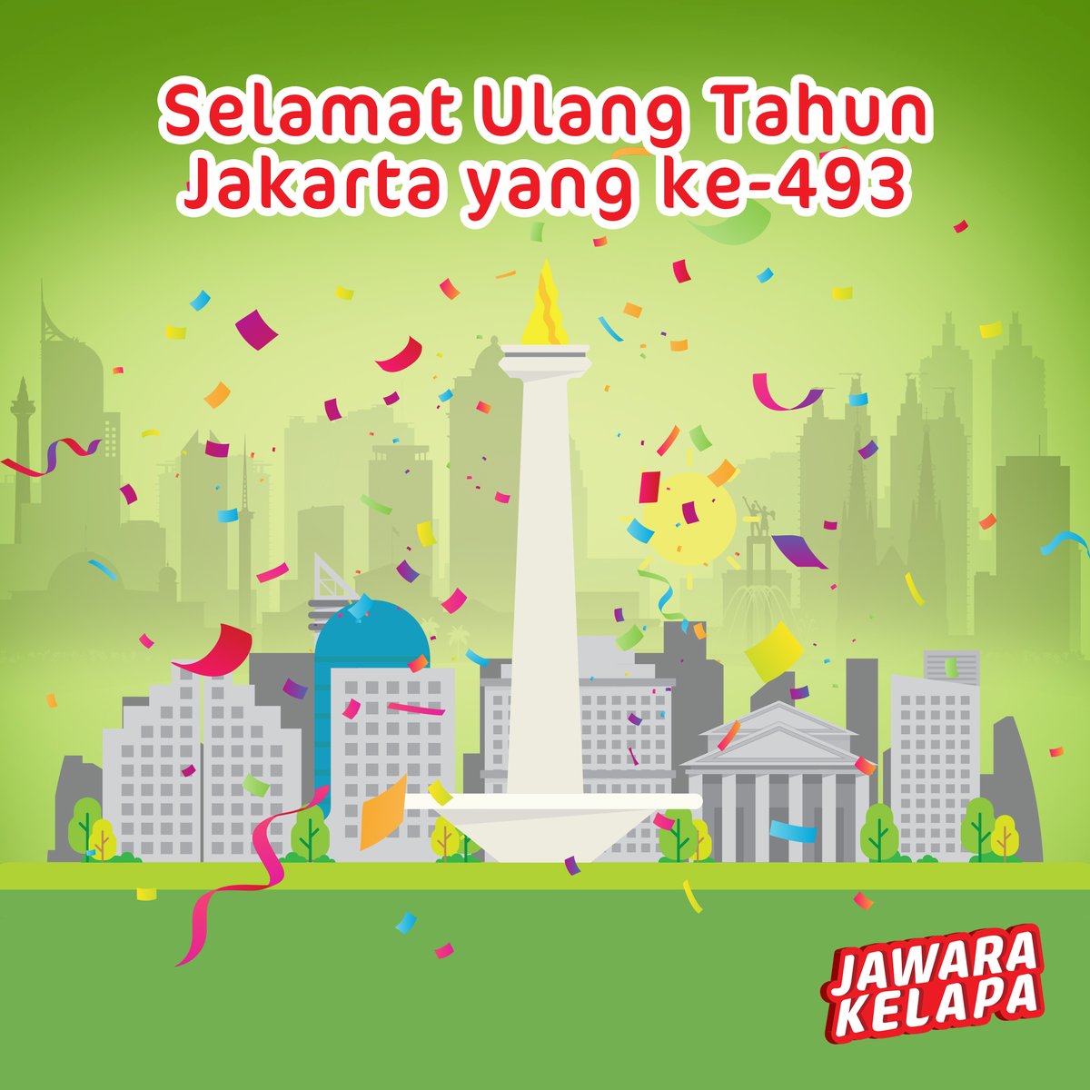 Selamat Ulang Tahun untuk Jakarta yang ke-493! Semoga Jakarta semakin indah dan aman ya Guys! Yang paling penting: GAK MACET LAGI!! 😂 #HUTJakarta #BiskuitKelapaIjo #KelapaIjoRolls #JawaraKelapa #NissinKelapaIjo #BiskuitIndonesia