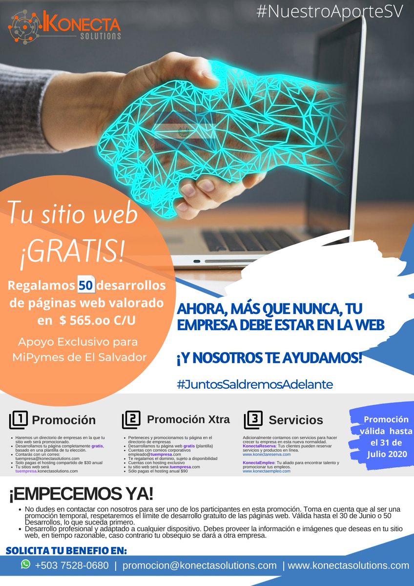KonectaEmpleo's tweet photo. Konecta Solutions entiende la pandemia provocada por Covid-19 y sus efectos a la economía de los #Salvadoreños y las MiPymes. #primerolavida 
Además, sabemos que enfrentaremos una #NuevaNormalidad que nos reta a reinventarnos.
#NuestroAporteSV para ayudar a las empresas 👇 https://t.co/r3RHMh7FkH