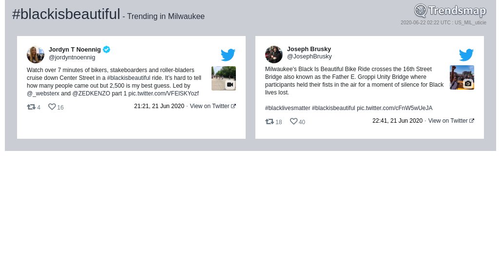 TrendsMilwaukee's tweet photo. #blackisbeautiful is now trending in #Milwaukee

https://t.co/TqUk2Ql02K https://t.co/6g6DVjgl5n