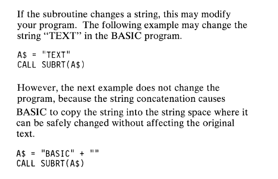 remember kids, always add a blank string to an existing string before passing it to machine code functions because otherwise if they modify their parameters it'll change the source code of your program