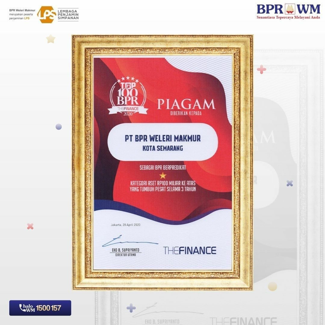 BPR_WM's tweet photo. The Finance Menobatkan PT BPR Weleri Makmur sebagai perusahaan yang tumbuh pesat dalam 3 tahun terakhir untuk kategori perusahaan dengan aset di atas 100 Miliar Rupiah.⁣
⁣
Terima kasih kepada seluruh Mitra BPR WM yang telah memberikan kepercayaan kepada kami.⁣ https://t.co/jcSwP25Jy0