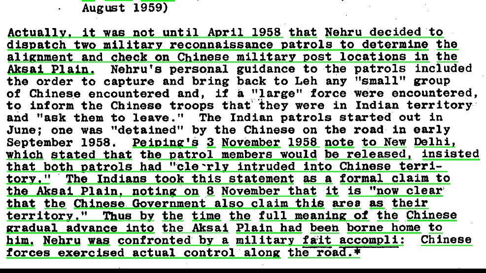 12/n Now this is quite interesting and imp to note.Nehru sent the first Patrol team only in April 1958, a long time after Road's completion. When the team is caught, Peiping sends notes to Delhi on Nov 3, 1958, that: Patrol Members had entered Aksai (Chinese Territory).