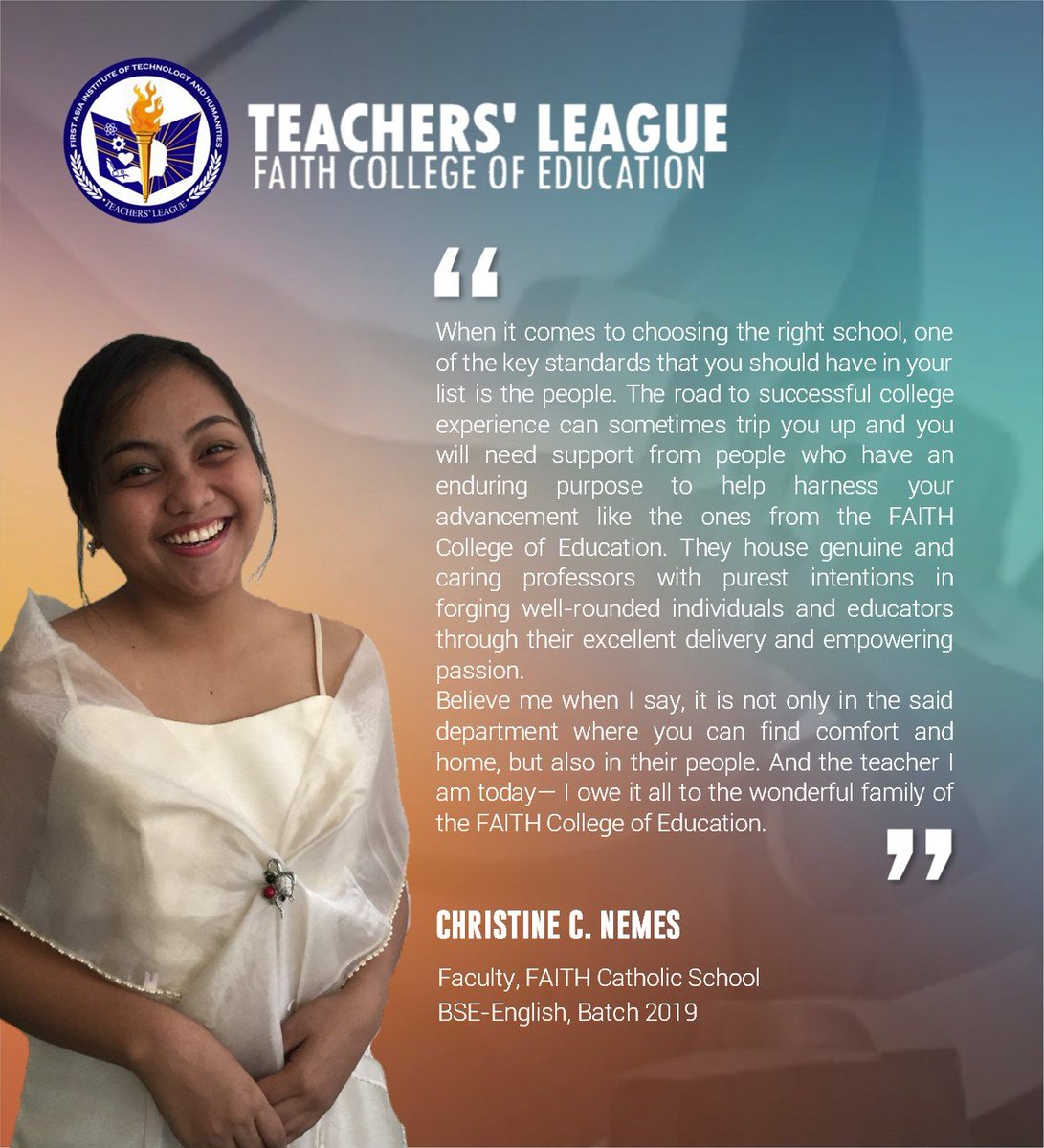 faithtlofficial's tweet photo. #AlumniTestimonies #WhyFAITHCoEd

Ms. Christine Nemes, BSE-English Batch 2019, was one of the multi-awarded student-leaders of the FAITH Colleges. She is also an academic achiever. A model student-leader, indeed. 

BE PART OF THE COED FAMILY!
Enrollment is ongoing!
#FAITHCoEd https://t.co/CevLaOVBGH