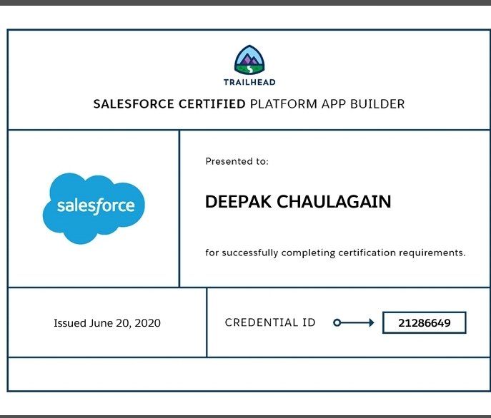 chaulagaindeep1's tweet image. Passed the #Salesforce #PlatformAppBuilder #certification yesterday! Thankful to our #militarytrailblazer communities, @MerivisVets @SalesforceMil @trailhead @FocusOnForce :)