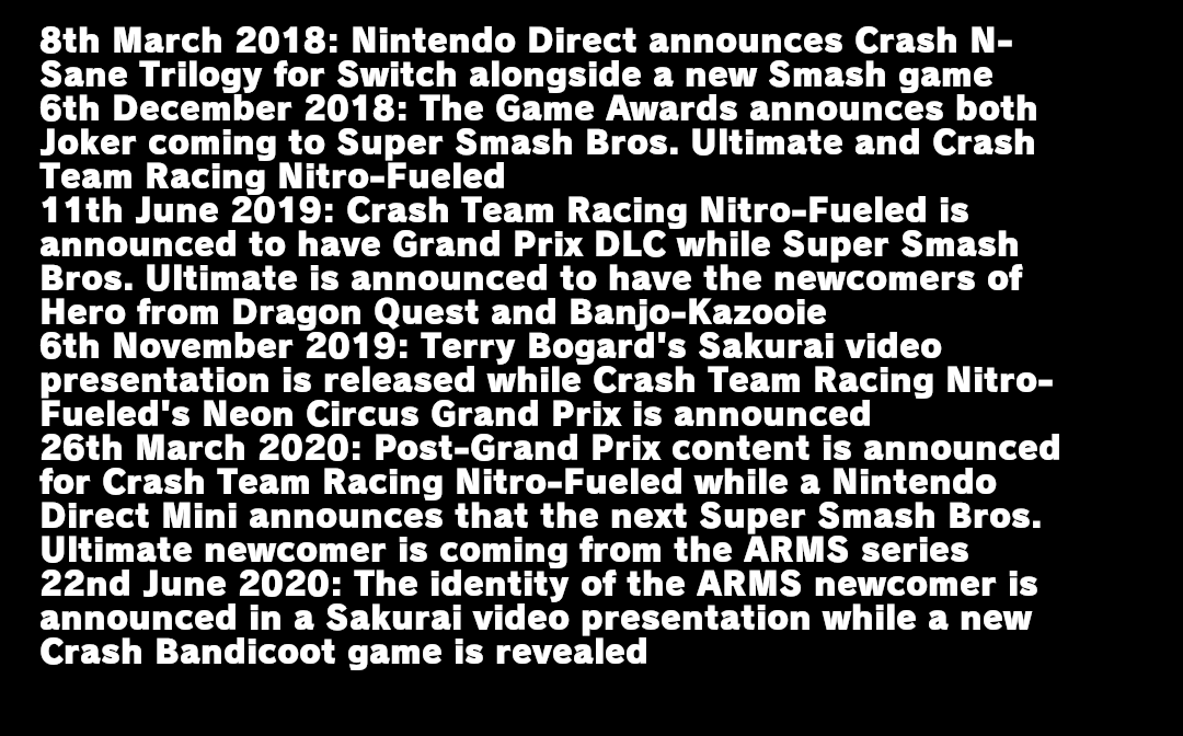 At the 11th hour, here's my final bunch of predictions for Round 2 of  #SmashBrosUltimate DLC before we find out who the ARMS rep is in several hours, as well as a fun list of all the times Crash Bandicoot and Smash Ultimate stuff was announced on the same day.
