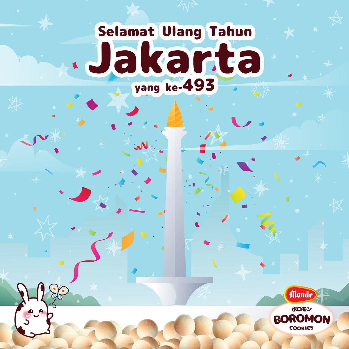Bou Bou mengucapkan Selamat Ulang Tahun untuk Ibukota kita tercinta DKI Jakarta yang ke-493!
Yuk kita jaga kebersihan dan keamanan kota Jakarta bersama agar anak dan cucu kita hidup sejahtera Smart Moms 😄
.
#HUTJakarta #MondeBoromon #BoromonCookies #CookiesBayi