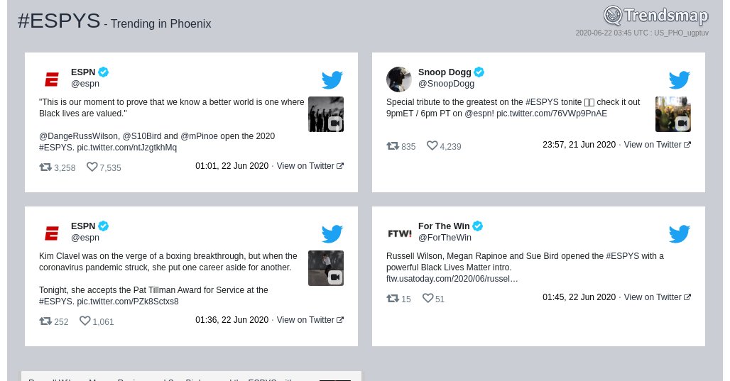 TrendsPhoenix's tweet photo. #espys is now trending in #Phoenix

https://t.co/BIiYIhPHo4 https://t.co/QM5wmyqffB