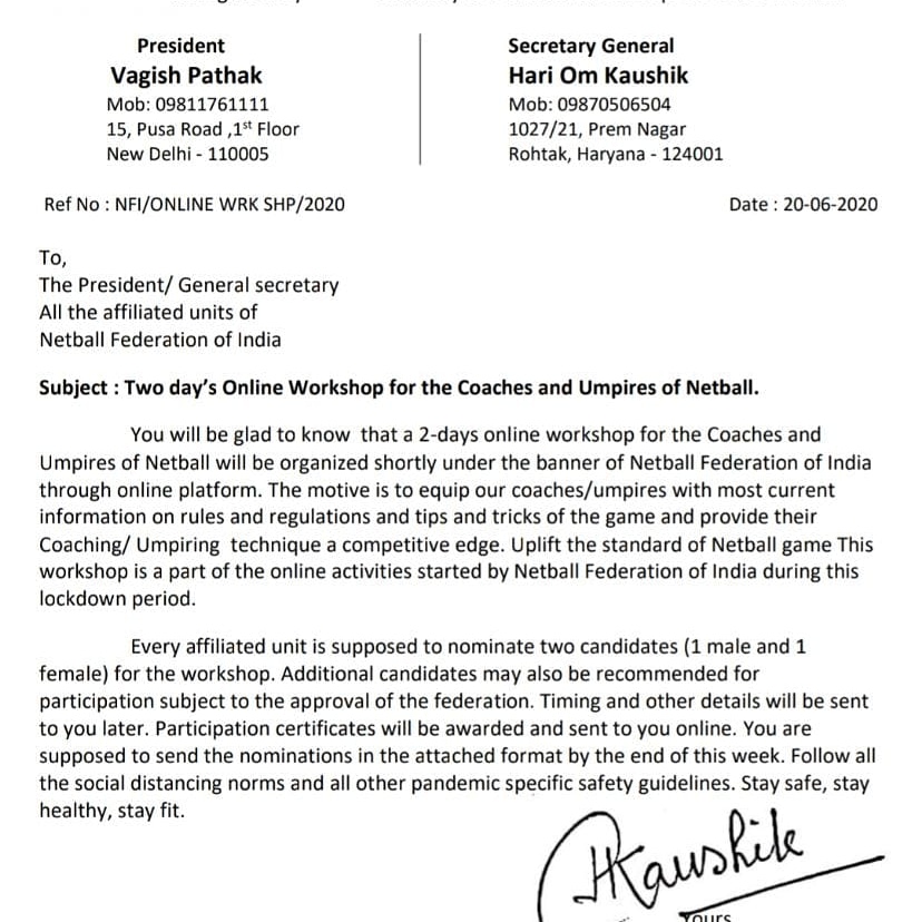 NetballOf's tweet photo. Once again Congratulations to all it's a very great news for development of Netball Game in throughout India. We are very thankful to our Beloved Sri Vagish Pathak Sir ji &amp; Sri Hari Om Kaushik sir ji &amp; All Netball Family Members. https://t.co/EBem4FNlWL