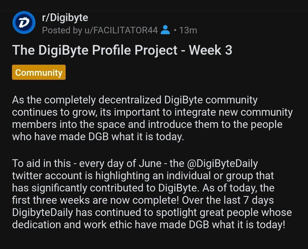DigiByteDaily's tweet image. Can you believe it?

Week 3 of the #DigiByteProfileProject is now complete!

Over last week, we have highlighted 7 more amazing #DigiByte community members building our space!

Check out a recap of the week here:
reddit.com/r/Digibyte/com…

The final leg of our jouney begins today!