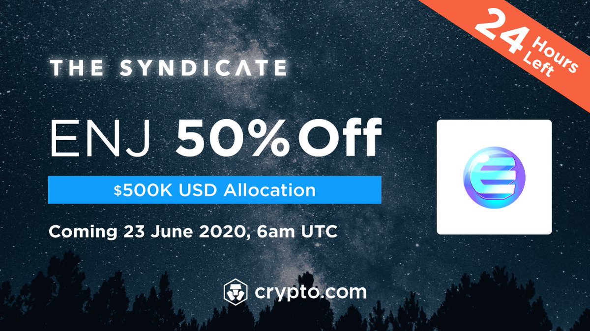 cryptocom's tweet photo. 📢$ENJ will be 5️⃣0️⃣% off on on The Syndicate! Only 1 day left!
To join:
1. Open an Exchange account 💻(if you haven't done so)
2. Deposit Crypto💰
3. Stake #CRO
Subscription opens on Tue, 23 June 6am UTC! Details: https://t.co/x3SJ6hkRy3 #ENJ @enjin #Enjin https://t.co/4NwOfK7HQq
