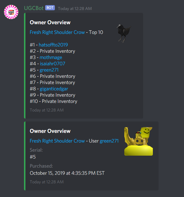 Green On Twitter Ever Wanted To See How Much Robloxugc You Own Or In Depth Owner Accessory Detail I Ve Just Pushed A Ugcbot Update That Lets You Scrape And Break Down Your Inventory - xgn v1uk on twitter i need a roblox discord bot made so it