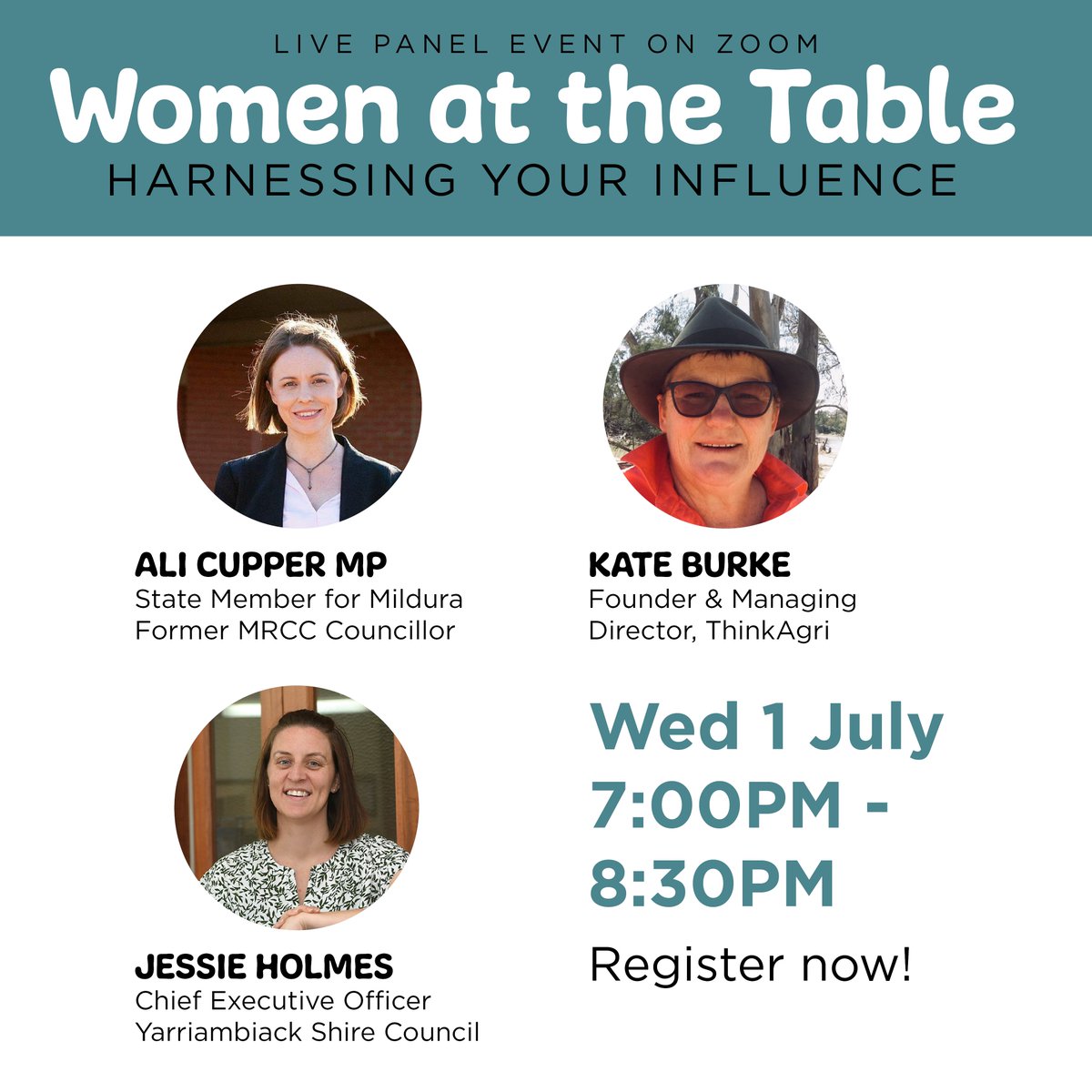 Join us &amp; @WomensHealthLM for a #live panel w/ women leaders including <a href="/AliCupper/">Ali Cupper MP</a> <a href="/JessH/">Jess H</a> <a href="/Think_Agri/">Think Agri</a>. 7pm, 1 July - registrations essential. bit.ly/women-at-the-t…