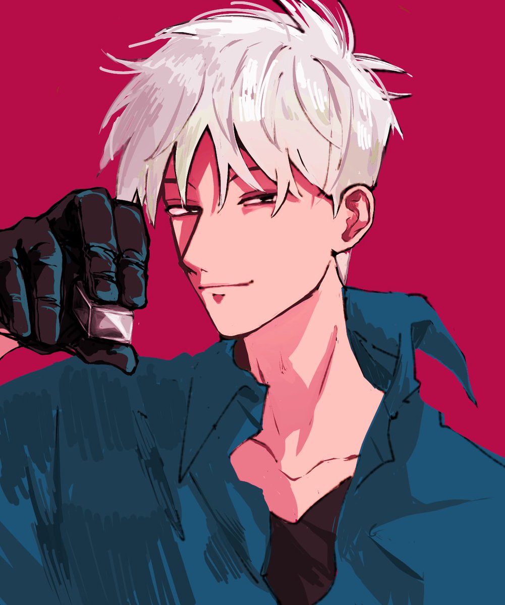 1boy male focus solo gloves shirt white hair smile  illustration images