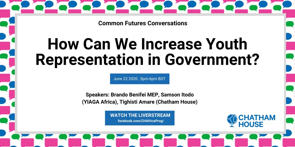 CommonFuturesCH's tweet image. We're very excited for our next #CHCommonFutures event today! Our fantastic community will get the chance to discuss youth representation with @brandobenifei, @DSamsonItodo and @tighistiamare. 

You can watch along via the @AfricaProg Facebook page here: facebook.com/CHAfricaProg