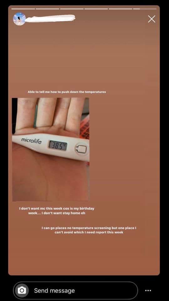 allsgstuff's tweet photo. Eh dun sabo us go back to CB again leh. Sick with fever just stay at home please, don't even think about going out to celebrate your birthday!

#Singapore #SaboQueen #MaiSaboLeh #DunBeCB #StayHome #SeeDoc #Irresponsible #Selfish https://t.co/sExrw2qkgb